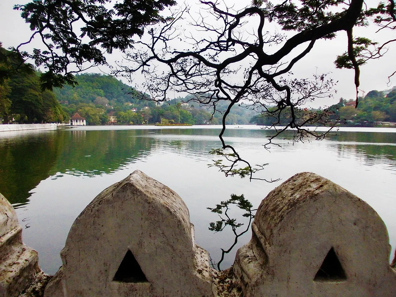 Kandy Lake viewed through its stone balustrade and tree branches