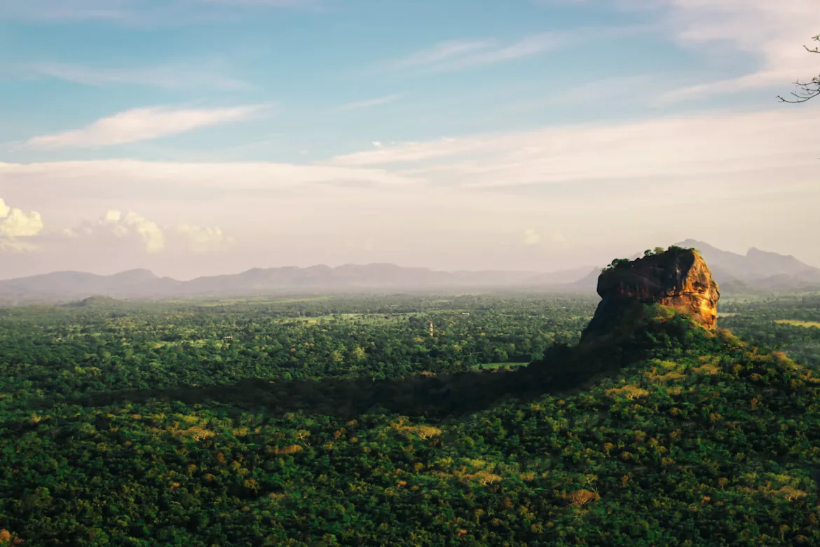 Aerial view of Sigiriya Rock Fortress at sunset in Sri Lanka