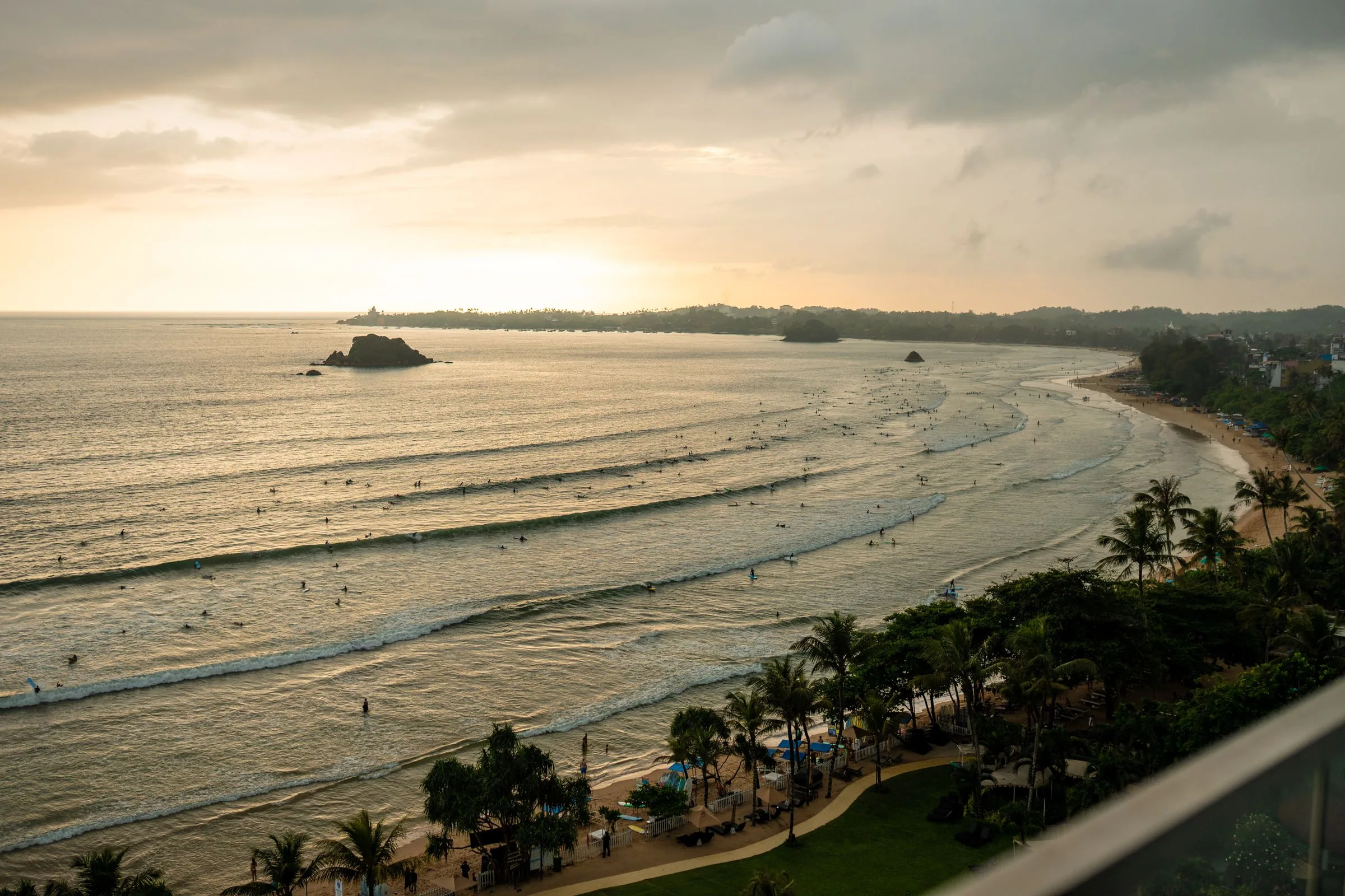 Aerial view of Weligama Bay at sunset in Sri Lanka